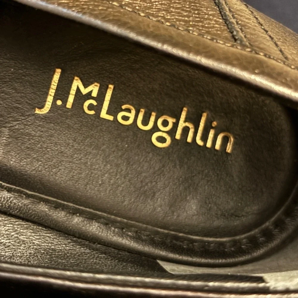 J. McLaughlin Black Brown Leather Penny Loafers Lizard Embossed Strap Womens 7.5